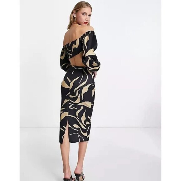 ASOS DESIGN cut out bardot body-conscious midi dress in print Size US 10 - Picture 2 of 7